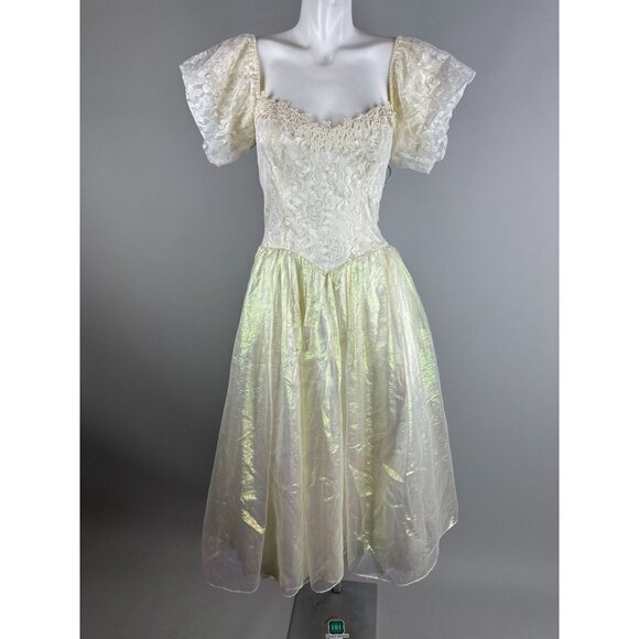 Vtg 90s Gunne Sax White Iridescent Fairycore Lace Bodice Party Prom Dress 7 - Picture 8 of 9